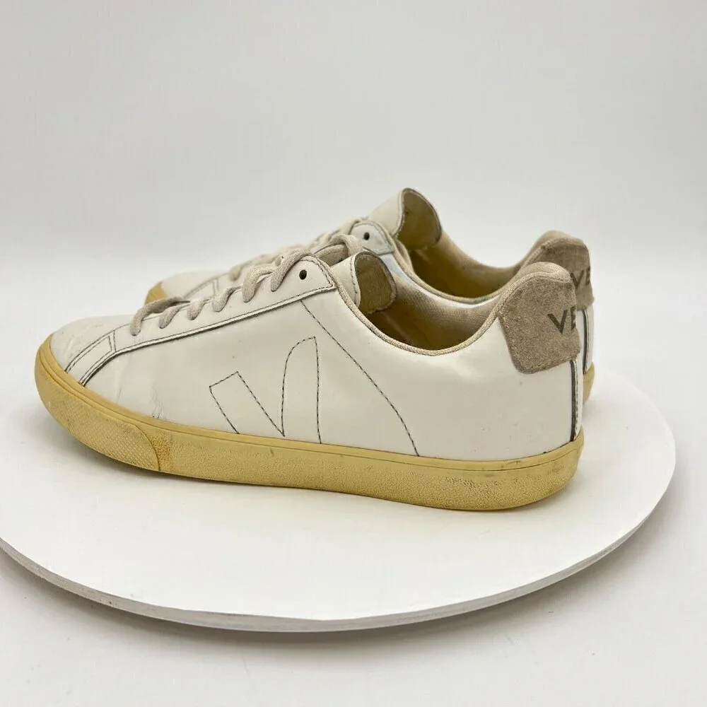 Veja Esplar Women Size 7 Extra White Leather V stitch Logo Lace Up Training Shoe
